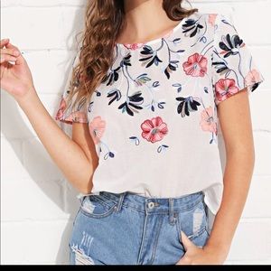 Flower Embroidered Keyhole Back Top